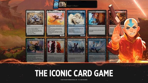 Magic: The Gathering Arena screenshot showing a card draft selection with various cards displayed and a glowing landscape background.