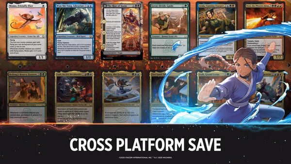 Screenshot of Magic: The Gathering Arena featuring various card images and a character casting a spell, with cross-platform save text.