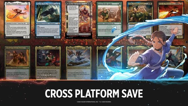 Screenshot of Magic: The Gathering Arena featuring various card images and a character casting a spell, with cross-platform save text.