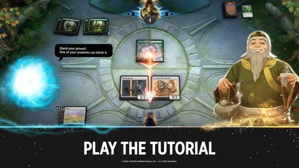 Magic: The Gathering Arena screenshot showing a tutorial match with cards on the battlefield and a highlighted creature attack.