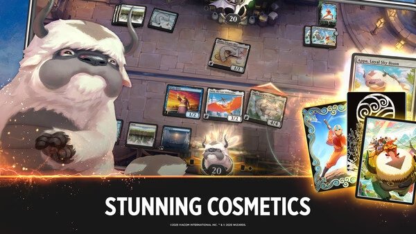 Screenshot of Magic: The Gathering Arena showcasing a match with cards, a creature, and promotional cosmetics on display.
