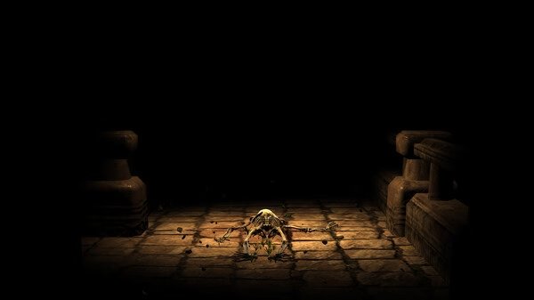 Screenshot from Wizardry Variants Daphne shows a dark dungeon with a mysterious creature on a stone floor.