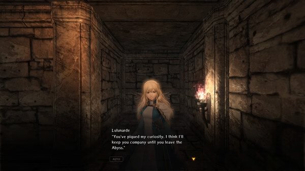 Screenshot from Wizardry Variants Daphne showing a character standing in a dimly lit stone corridor, reading a message.