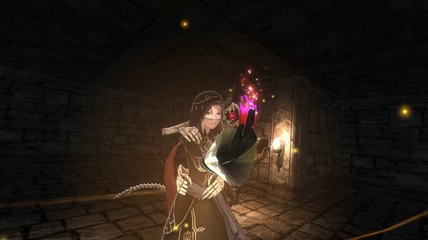 A "Wizardry Variants Daphne" screenshot showing a character casting a glowing spell in a dark stone dungeon.