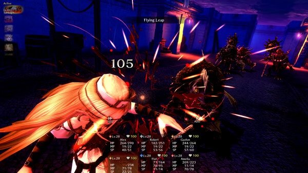 Screenshot from Wizardry Variants Daphne showing a character battling dark creatures with a "Flying Leap" ability in a dimly lit dungeon.