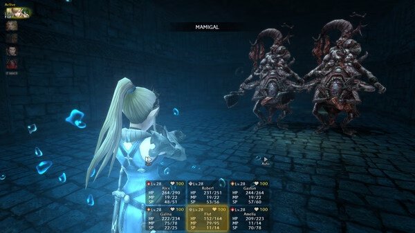 Screenshot from Wizardry Variants Daphne showing a character facing two monstrous enemies in a dimly lit dungeon setting.