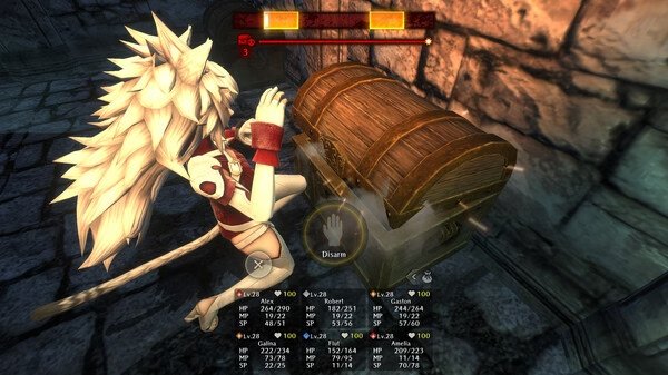 Screenshot from Wizardry Variants Daphne showing a player disarming a treasure chest in a dimly lit dungeon setting.