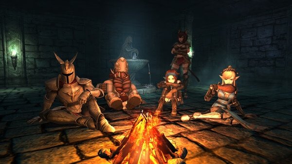 Screenshot from Wizardry Variants Daphne featuring five armored characters resting by a campfire in a dimly lit stone chamber.