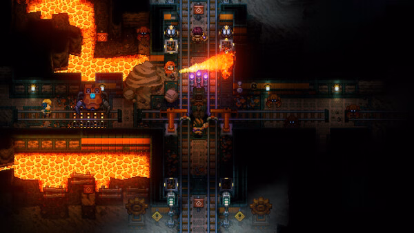 Screenshot from Core Keeper showing a player character in a lava-filled cave, surrounded by machinery and glowing tracks.