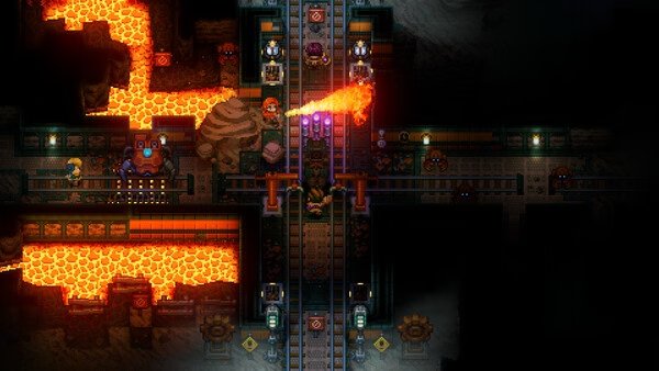 Screenshot from Core Keeper showing a player character in a lava-filled cave, surrounded by machinery and glowing tracks.