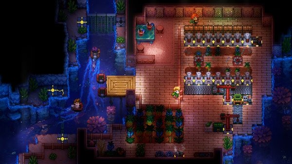Core Keeper screenshot: A character explores a dimly lit underground garden with water channels, plants, and industrial equipment.