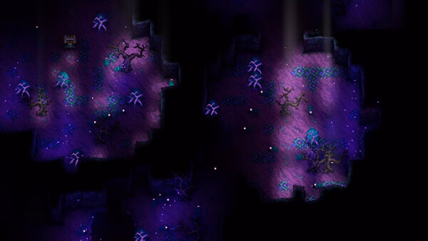 Screenshot from Core Keeper showing a dark cave illuminated by purple crystals and glowing plants.