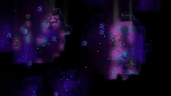 Screenshot from Core Keeper showing a dark cave illuminated by purple crystals and glowing plants.