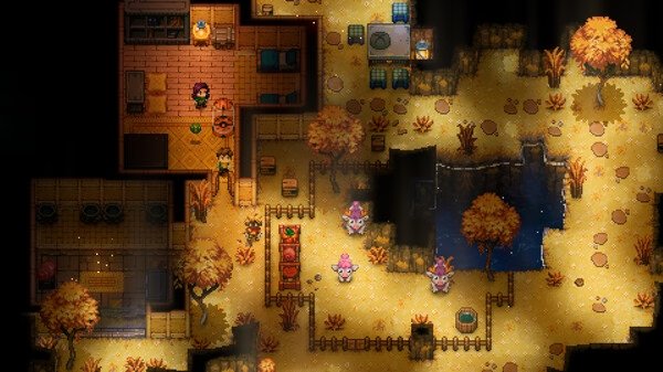Core Keeper screenshot: A cozy underground base with autumn trees, a fenced area with creatures, and a shimmering pond nearby.
