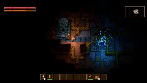 Core Keeper screenshot: A player character explores a dimly lit cave with glowing machinery and stone structures visible.