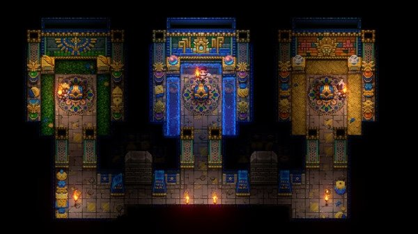 Core Keeper screenshot showing three vibrant temple rooms with intricate designs, glowing lights, and decorative statues.