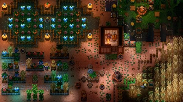 Core Keeper screenshot showing a player-built farm with crops, glowing plants, fences, and a cozy wooden house surrounded by torches.