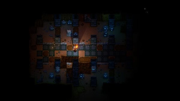 Screenshot of Core Keeper showing a character exploring a dimly lit dungeon surrounded by blue slimes and stone tiles.