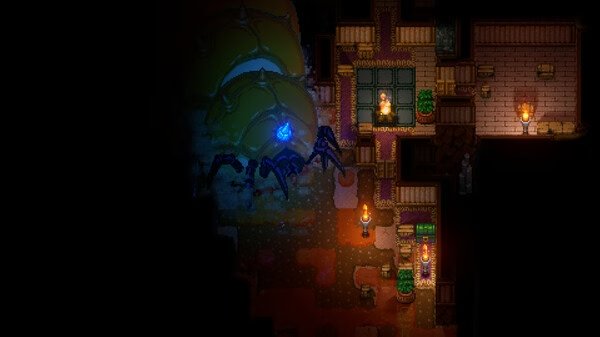 Core Keeper screenshot: A player stands near lit torches in a dungeon while facing a large, glowing green insect-like creature.