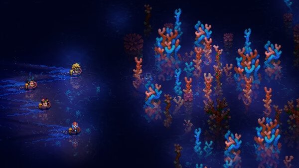 Screenshot from Core Keeper showing four characters exploring a dark underwater area with colorful coral formations.