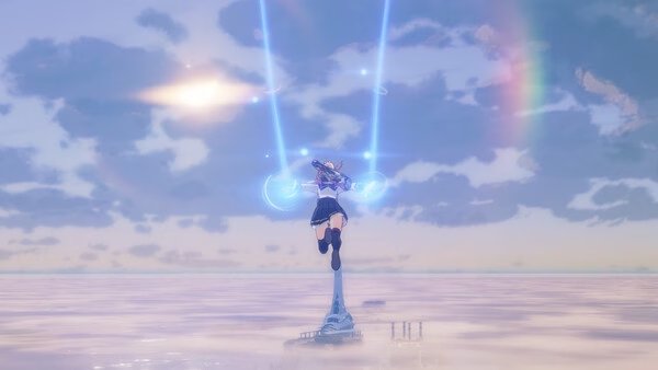 Screenshot from ブループロトコル：スターレゾナンス showing a character in mid-air with glowing blue trails under a vibrant sky.