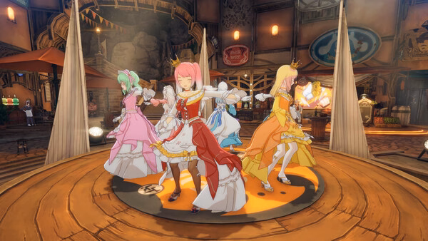 Screenshot from ブループロトコル：スターレゾナンス showing characters in colorful dresses dancing on a wooden stage in a lively town.
