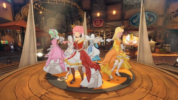 Screenshot from ブループロトコル：スターレゾナンス showing characters in colorful dresses dancing on a wooden stage in a lively town.