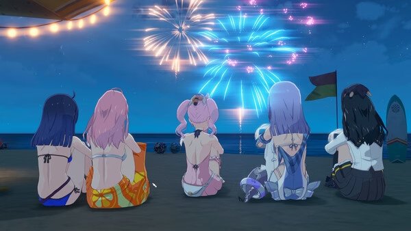 Screenshot from ブループロトコル：スターレゾナンス showing five characters in swimsuits watching colorful fireworks on a beach at night.