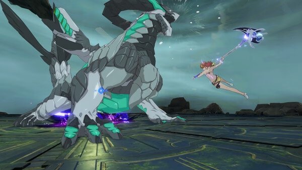 Screenshot from ブループロトコル：スターレゾナンス showing a character in mid-air combat with a large dragon-like creature.