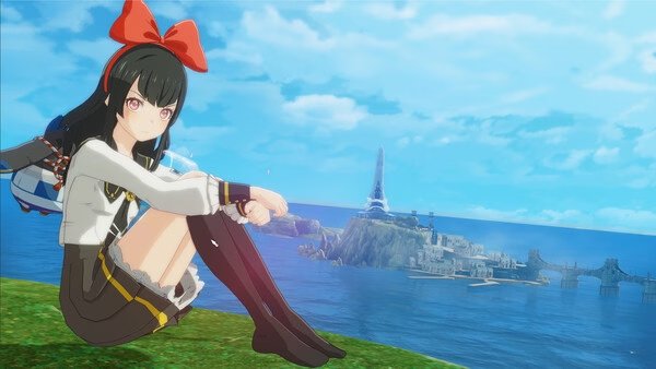 Screenshot from ブループロトコル：スターレゾナンス showing a character with a red bow sitting on grass, overlooking the sea.