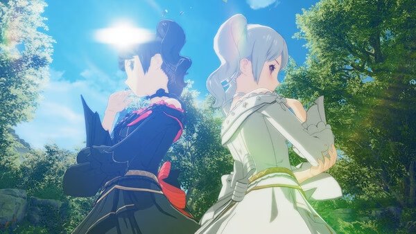 Screenshot from ブループロトコル：スターレゾナンス showing two characters standing back-to-back in a lush, sunlit forest.