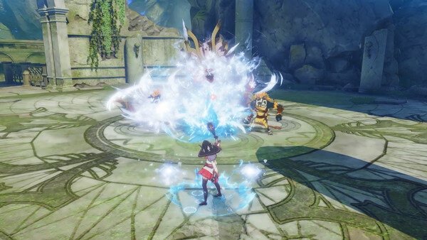 Screenshot from ブループロトコル：スターレゾナンス showing a character casting a spell in a stone arena, facing a creature.