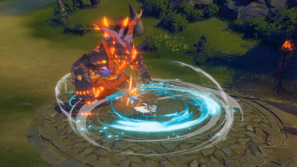 Screenshot from ブループロトコル：スターレゾナンス showing a fiery armored creature in a dynamic attack pose on a stone platform.