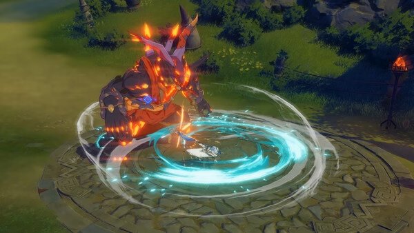 Screenshot from ブループロトコル：スターレゾナンス showing a fiery armored creature in a dynamic attack pose on a stone platform.