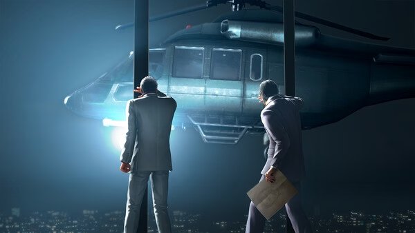 Screenshot from Yakuza Kiwami 3 & Dark Ties showing two characters in suits facing a hovering helicopter at night.