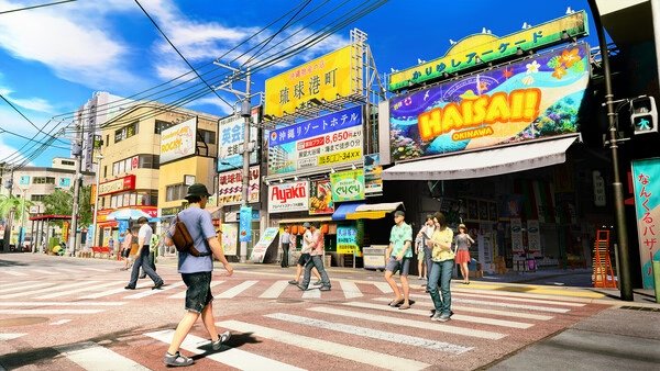 Screenshot from Yakuza Kiwami 3 & Dark Ties showing a vibrant, bustling street in Okinawa with pedestrians crossing.