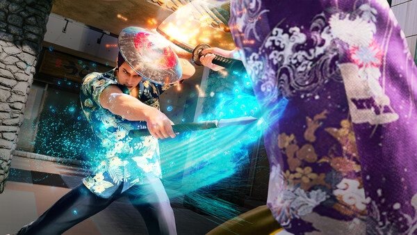 A screenshot from Yakuza Kiwami 3 & Dark Ties showing a dramatic sword clash with glowing blue energy and vibrant clothing details.