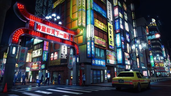 Yakuza Kiwami 3 & Dark Ties screenshot: A vibrant street at night with neon signs and a yellow taxi on the road.