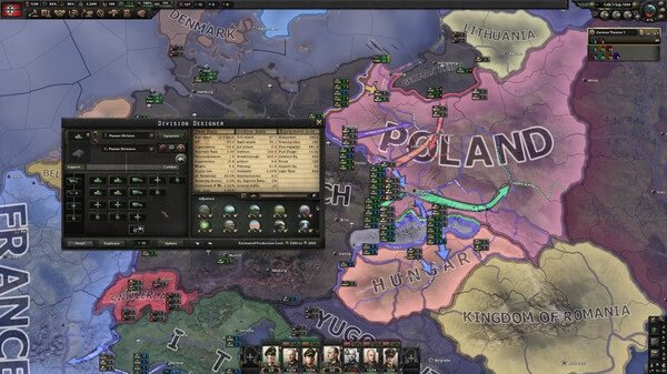 Screenshot of Hearts of Iron IV showing a map focused on Poland with military units and an open Division Designer panel.
