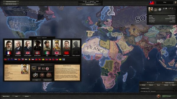 Hearts of Iron IV screenshot showing a world map, country selection menu, and detailed geopolitical information for China.