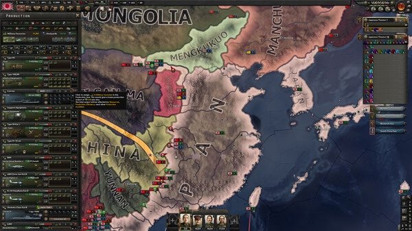 Hearts of Iron IV screenshot showing a map of East Asia, with troop movements and production interface on the left side.
