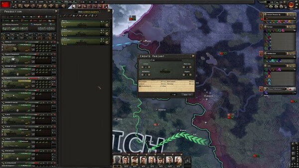 Hearts of Iron IV screenshot showing the production menu and a pop-up for creating a tank variant on the game map.
