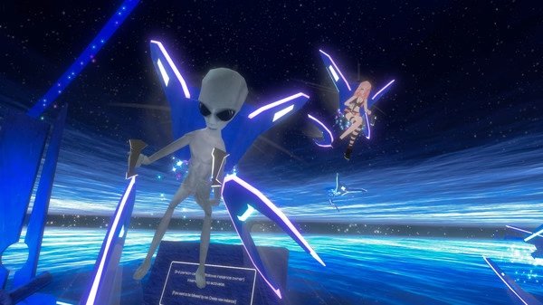 VRChat screenshot of an alien avatar with glowing wings standing on a platform in a cosmic environment, with another avatar nearby.