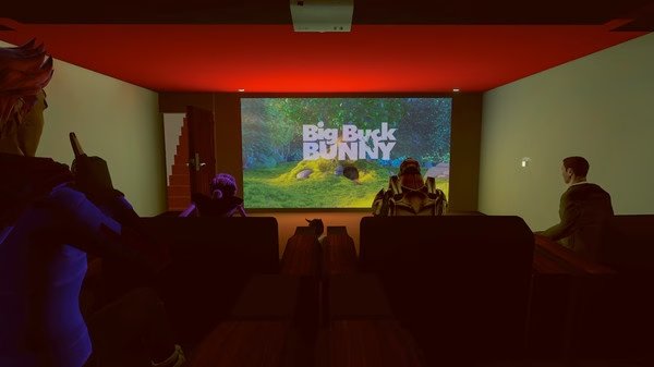 VRChat screenshot: Avatars sit in a virtual theater watching "Big Buck Bunny" on a large screen, surrounded by red and black decor.