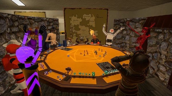 VRChat screenshot: A group of avatars gather around a table playing a tabletop RPG, with dice, cards, and a game map visible.