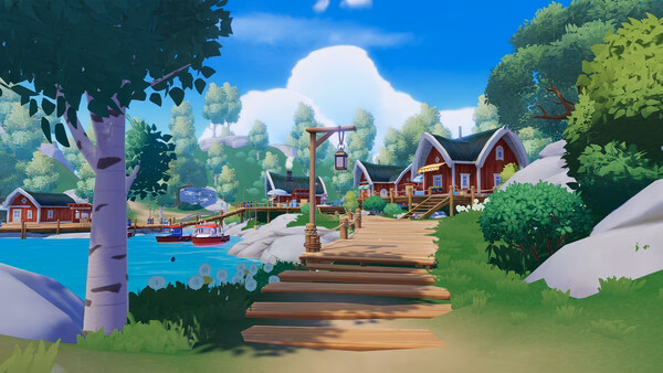 A screenshot from Heartopia showing a scenic lakeside village with red cabins, wooden docks, and lush greenery under a bright blue sky.