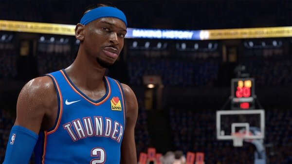 NBA 2K26 screenshot: A basketball player in a Thunder jersey is on the court, with a scoreboard visible in the background.