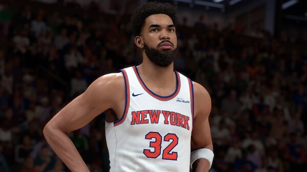 NBA 2K26 screenshot showing a basketball player in a New York jersey, number 32, standing on the court.