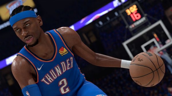 NBA 2K26 screenshot: A player from the Thunder, wearing jersey number 2, dribbles the basketball on the court.