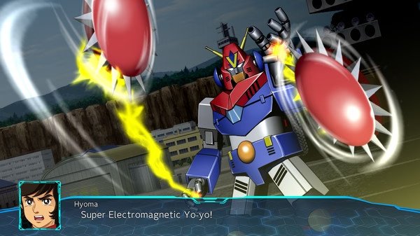 Super Robot Wars 30 screenshot: A giant robot uses its Super Electromagnetic Yo-yo attack, emitting bright yellow energy in a cityscape.